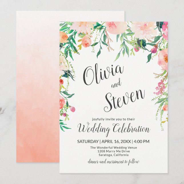 Invitación de Boho Pink Watercolor Floral Wedding (Anverso / Reverso)