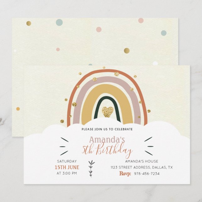 Invitación de Boho Rainbow Golden Birthday (Anverso / Reverso)