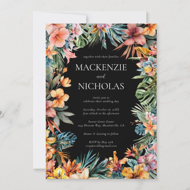 Invitación de Boho Tropical Floral Black Wedding (Anverso)