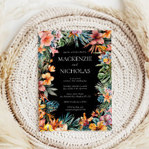 Invitación de Boho Tropical Floral Black Wedding