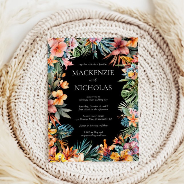 Invitación de Boho Tropical Floral Black Wedding (tropical wedding invitation black
)