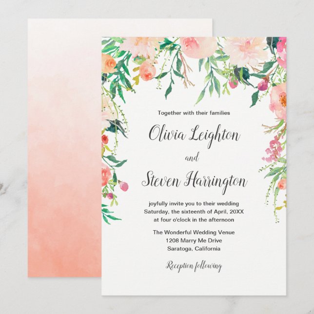 Invitación de Boho Watercolor Floral Wedding (Anverso / Reverso)