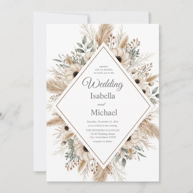 Invitación de Boho Watercolor Wedding con Diamante (Anverso)