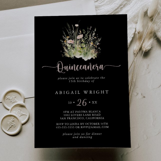 Invitación de Boho Wildflower Black Quinceañera (Subido por el creador)