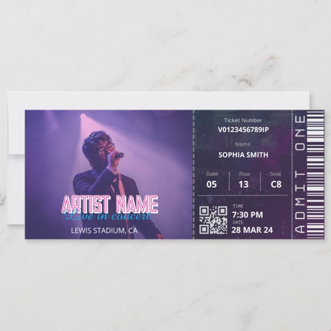 Invitación de Boleto de Concierto Personalizado Ev (Anverso)