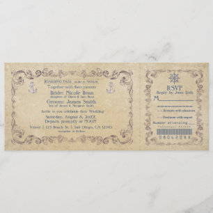 Invitación de Boleto de Crucero Vintage Boda Náuti