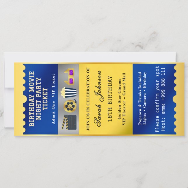 Invitación de Boleto de Cumpleaños Noche de Cine (Anverso)