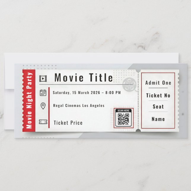 Invitación de Boleto para Fiesta de Noche de Cine (Anverso)