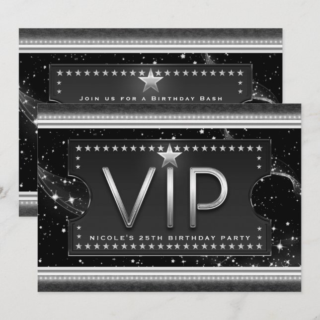 Invitación de boleto VIP Black & Silver Chic Glam (Anverso / Reverso)