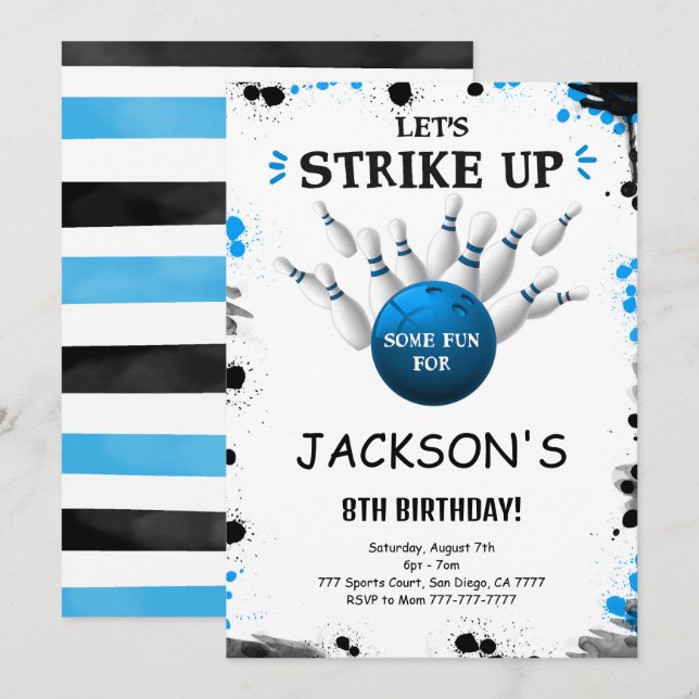 Invitación de bolos editable azul (Anverso / Reverso)