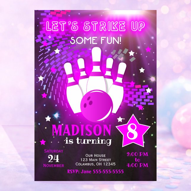 Invitación de bolos Glow Neon Chica Cumpleaños de  (Subido por el creador)