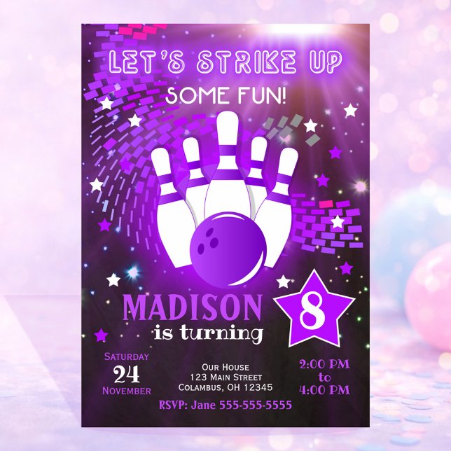 Invitación de bolos Glow Neon Chica Cumpleaños de  (Subido por el creador)