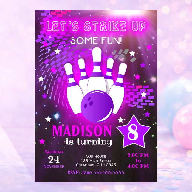Invitación de bolos Glow Neon Chica Cumpleaños de  (Subido por el creador)