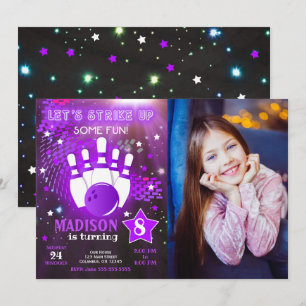 Invitación de bolos Glow Neon Girl Foto Cumpleaños