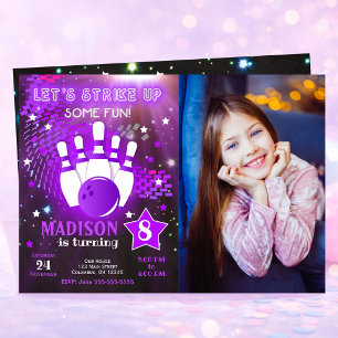 Invitación de bolos Glow Neon Girl Foto Cumpleaños