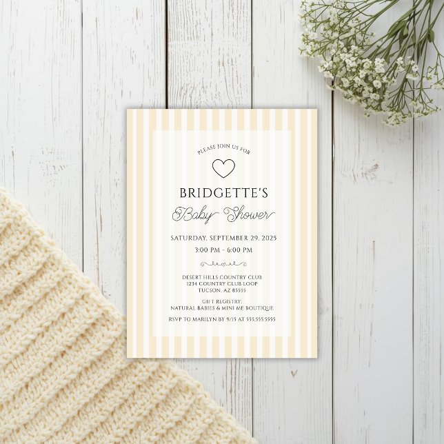 Invitación de bolsillo para baby shower con raya a (Elegant butter yellow baby shower pocket invitation postcard size for preppy event with simple heart)