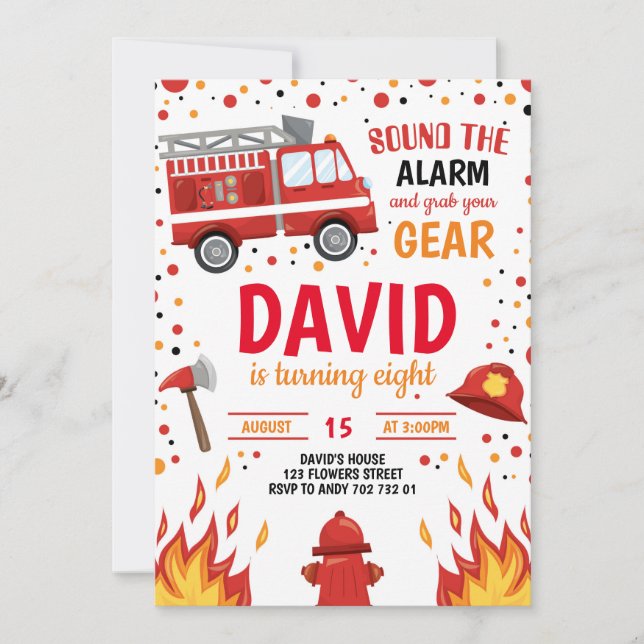 Invitación de bombero a bombero de cumpleaños (Anverso)