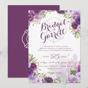 Invitación de Bombero Floral Púrpura con Monograma