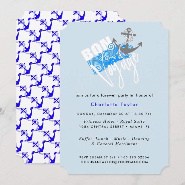 Invitación de Bon Voyage Nautical Farewell Fiesta (Anverso / Reverso)