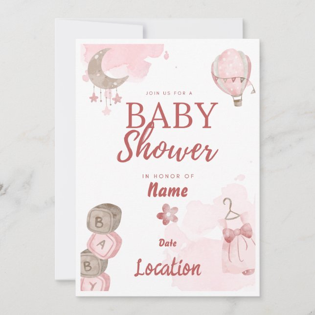 Invitación de bonito en Baby Shower rosa (Anverso)