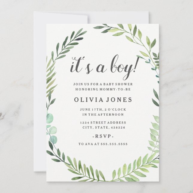 Invitación de bonito Green Boho Wreath Baby Shower (Anverso)