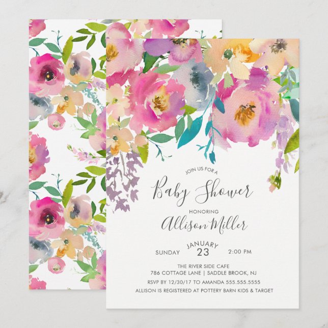 Invitación de bonito Pastel Floral Baby Shower (Anverso / Reverso)