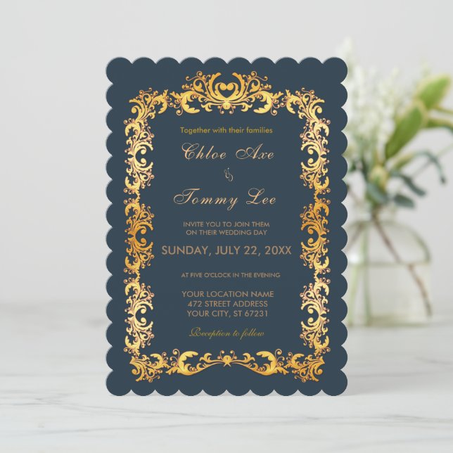Invitación de borde de oro verde boda (Anverso de pie)