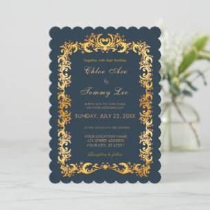 Invitación de borde de oro verde boda