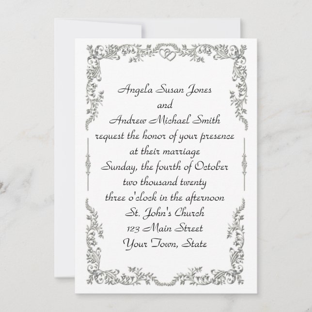Invitación de borde floral plateado (Anverso)