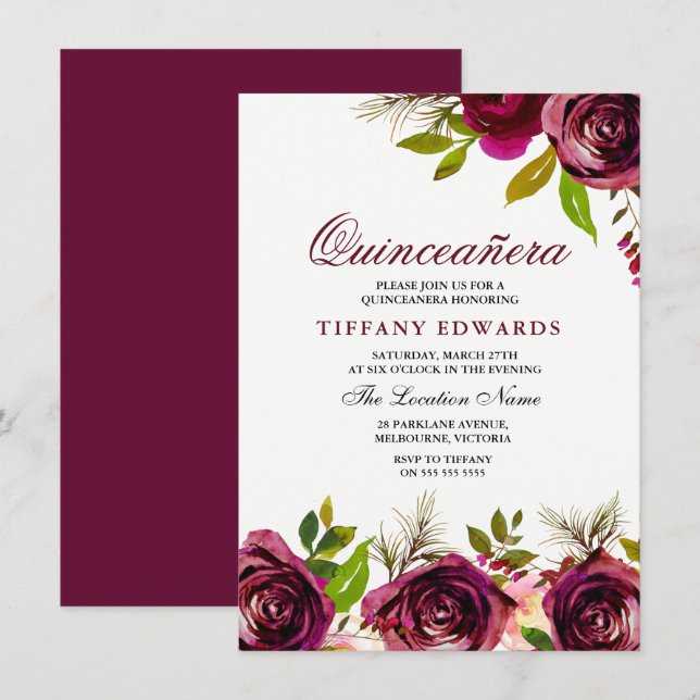 Invitación de Borgoña Marsala Floral Quinceañera (Anverso / Reverso)