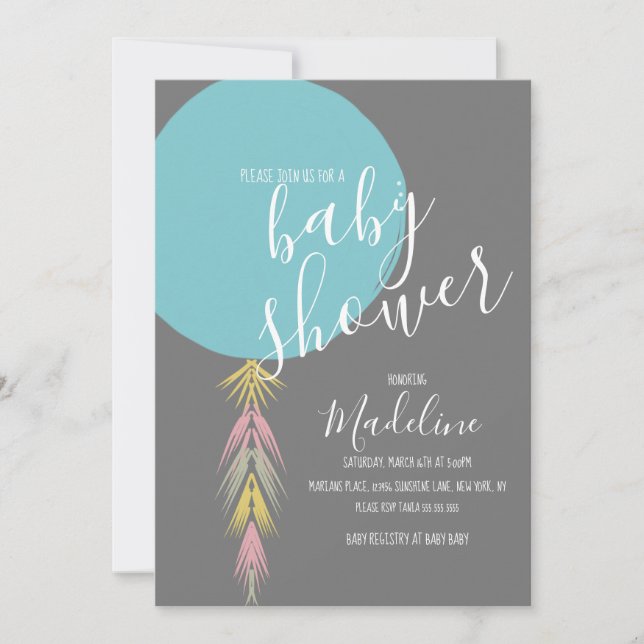 Invitación de borla de globo boho para baby shower (Anverso)