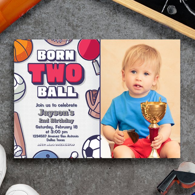 Invitación de Born Two Ball con foto (Born Two Ball Landscape Invitation with Photo Picture)