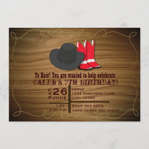 Invitación de botas y sombrero de cuerda del país 