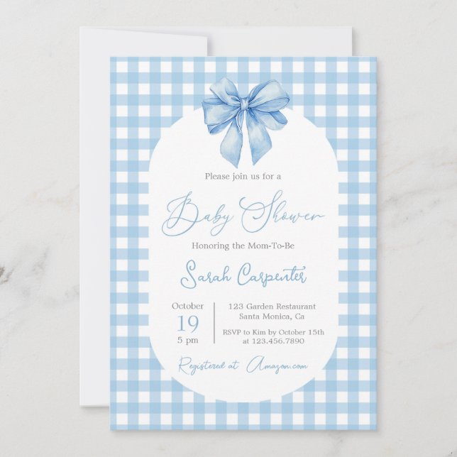 Invitación de Bow Baby Shower Boy con arco (Anverso)