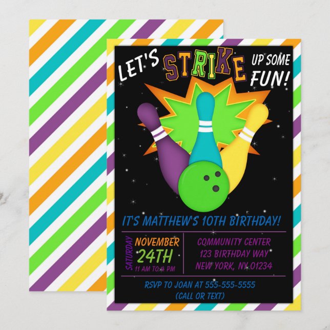 Invitación de Bowling Cósmico para Cumpleaños de N (Anverso / Reverso)