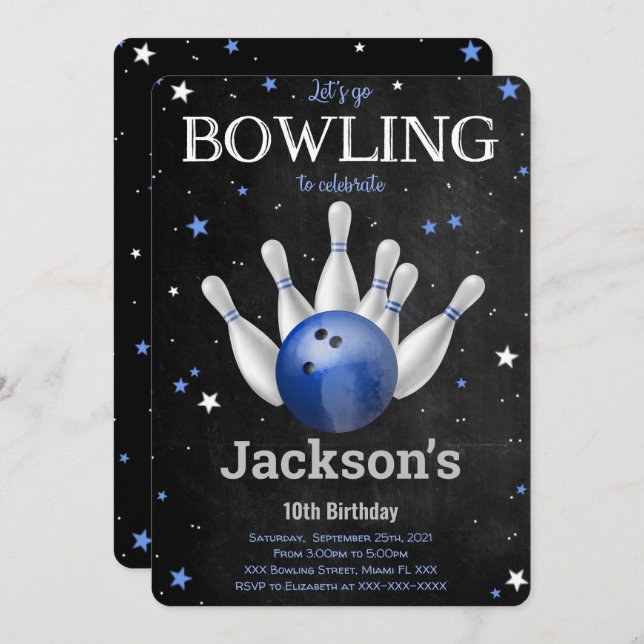 Invitación de Bowling Editable para Niño (Anverso / Reverso)