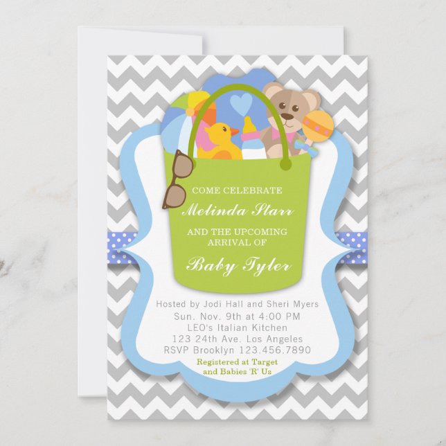 Invitación de Boy Baby Shower - Bebé cubo de cosas (Anverso)