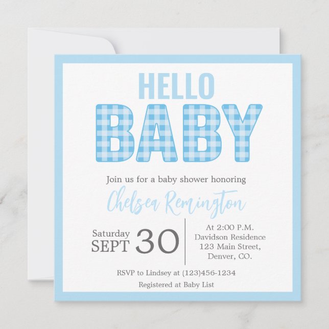 Invitación de Boy Baby Shower - Blue Gingham (Anverso)