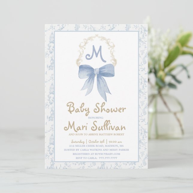 Invitación de Boy Baby Shower con damasco azul (Anverso de pie)