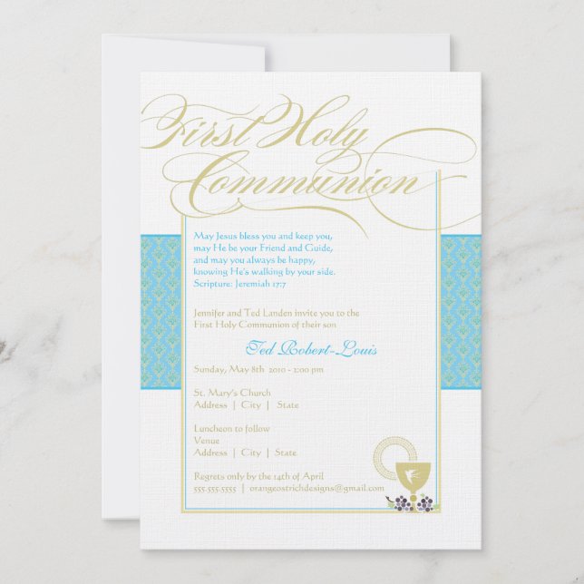 Invitación de Boy First Communition - Azul (Anverso)