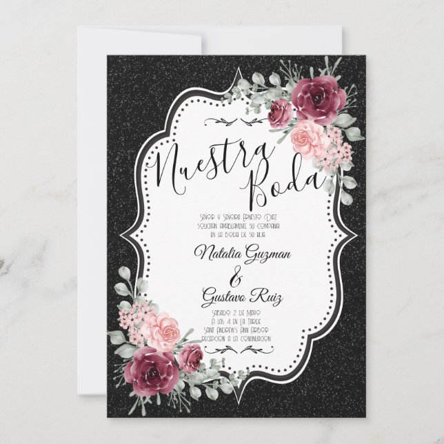 Invitación de Brilliantina Negro y Rojas (Anverso)