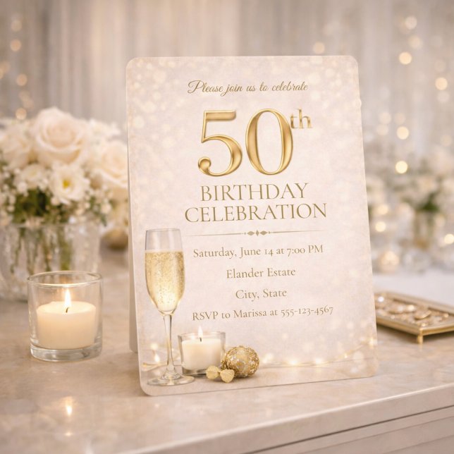 Invitación de brillo de oro de champán 50 (Champagne gold glow sets the tone for a refined 50th birthday evening celebration)