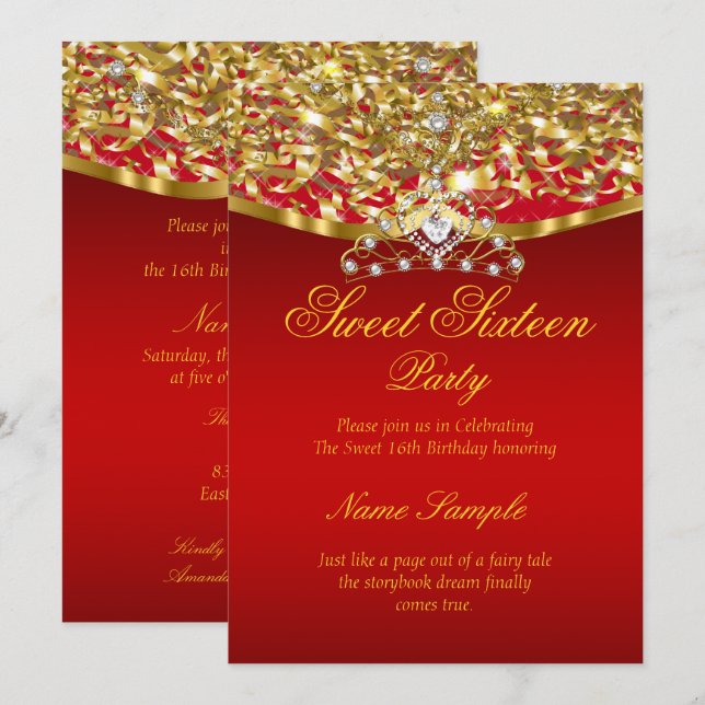 Invitación de Brillo Rojo Dorado para Fiesta de Cu (Anverso / Reverso)