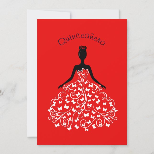 Invitación de broche de mariposa roja Quinceanera  (Anverso)