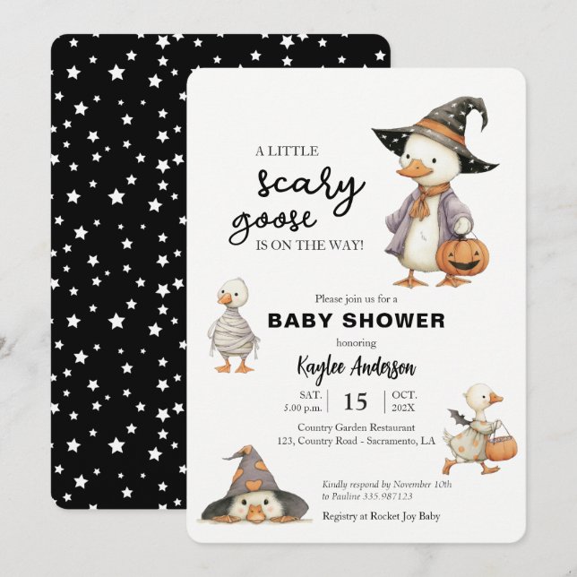 invitación de bruja de ganso para baby shower de H (Anverso / Reverso)