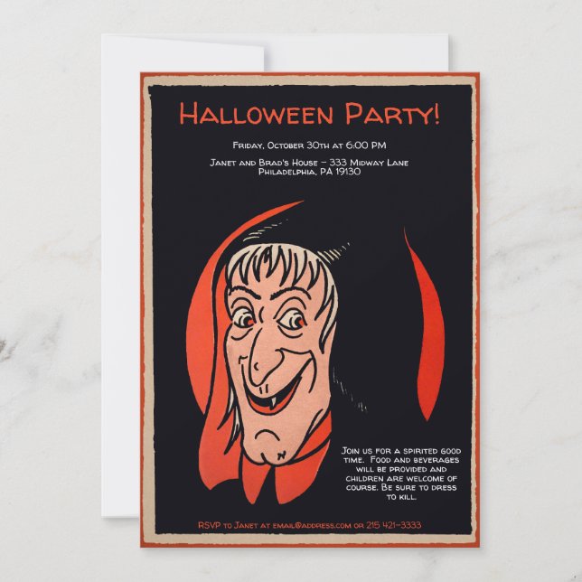 Invitación de Bruja Personalizable Retro (Anverso)
