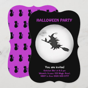 Invitación de Bruja Voladora y Gato Negro de Hallo