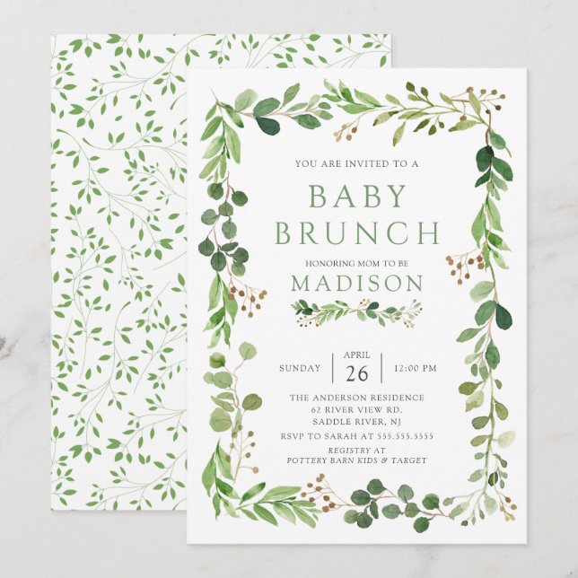 Invitación de brunch a bebé de hojas verdes botáni (Anverso / Reverso)