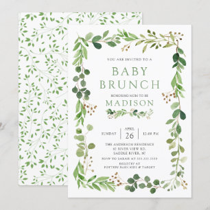 Invitación de brunch a bebé de hojas verdes botáni