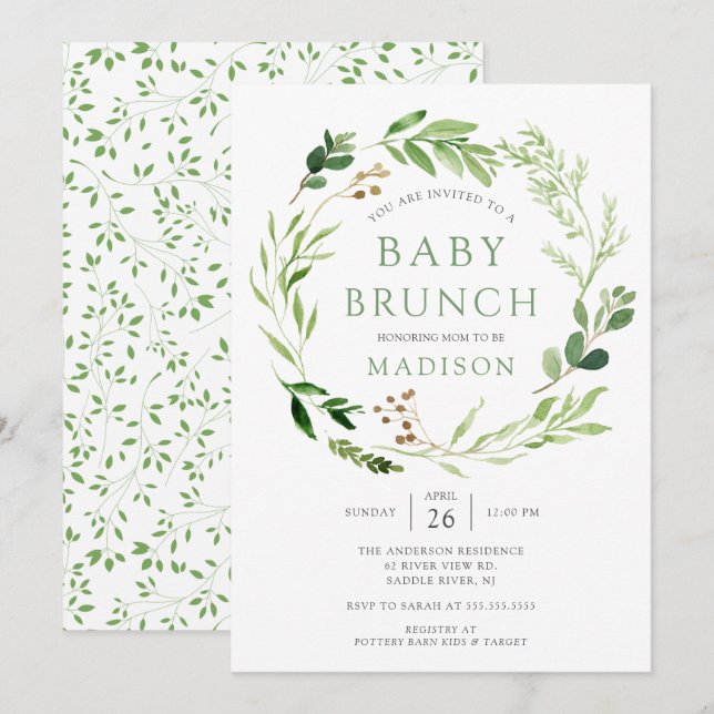 Invitación de brunch a bebé de hojas verdes botáni (Anverso / Reverso)